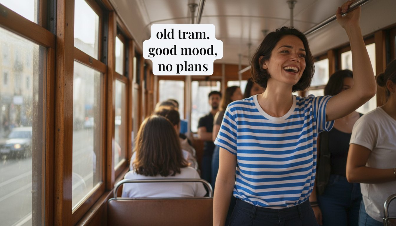 Maya laughing in a crowded Lisbon tram with the caption: old tram, good mood, no plans
