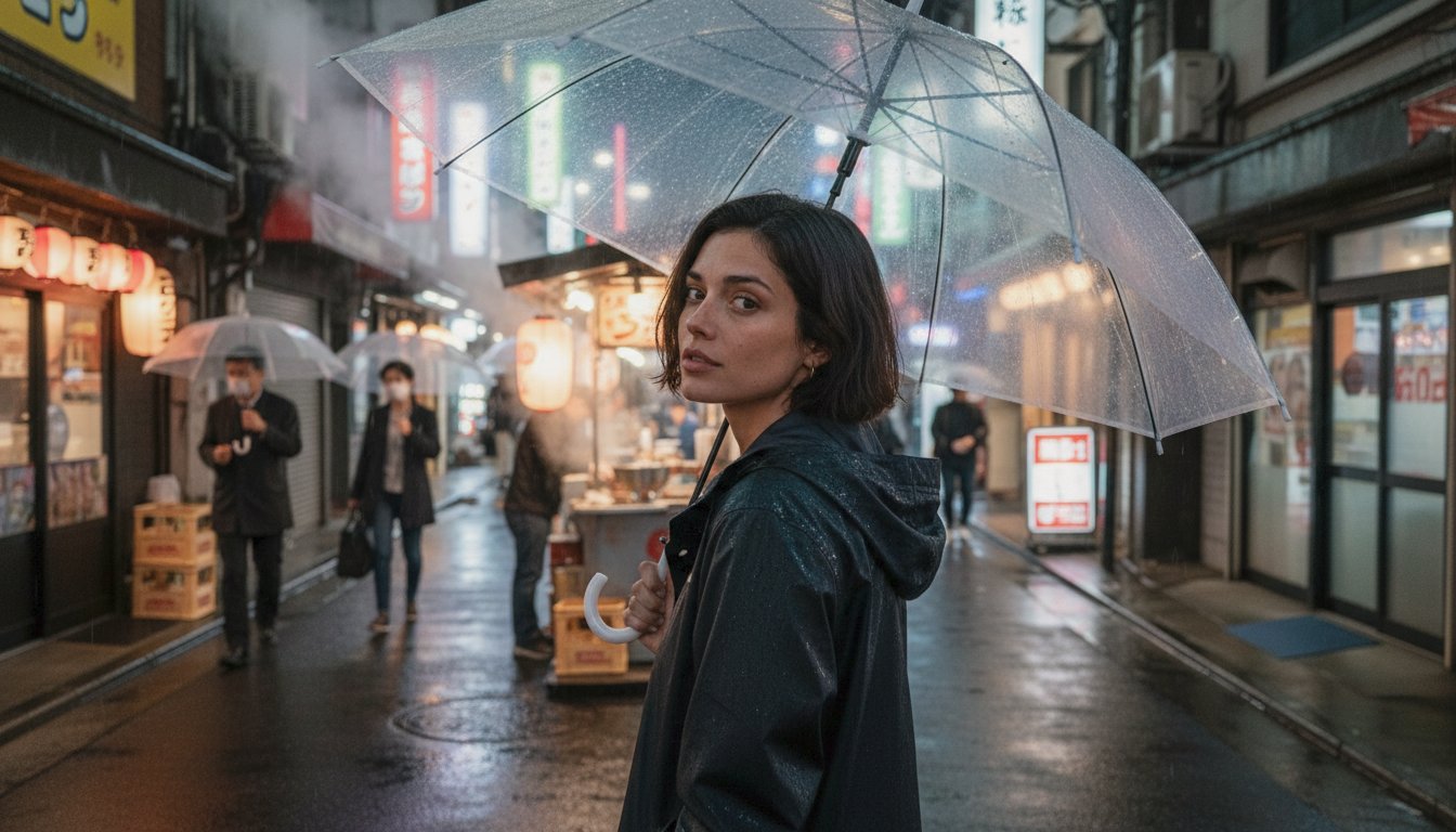 The same character in a rainy Tokyo street